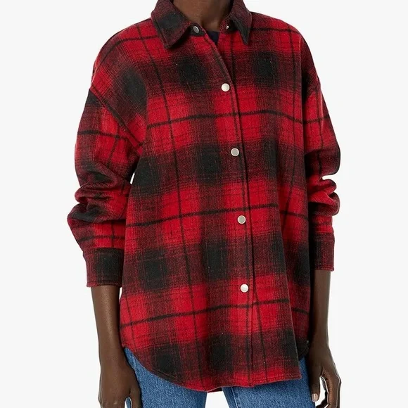 Steve Madden Sophia Red and Black Checkered Shacket - Picture 1 of 5